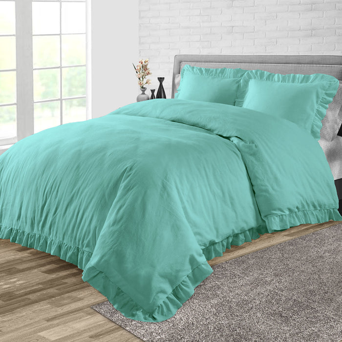 Aqua Green Trimmed Ruffled Duvet Cover