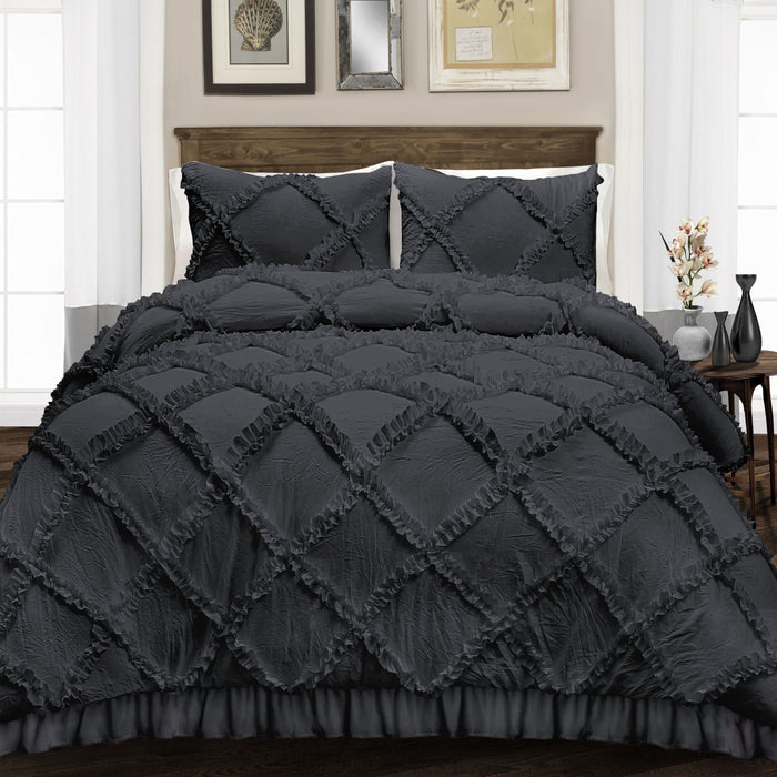 Dark Grey Diamond Ruffled Duvet Cover