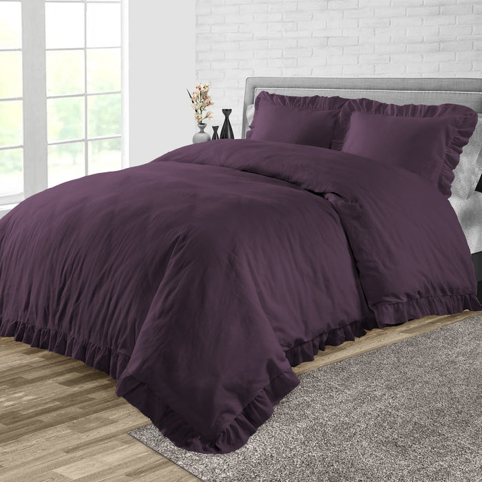 Plum Trimmed Ruffled Duvet Cover