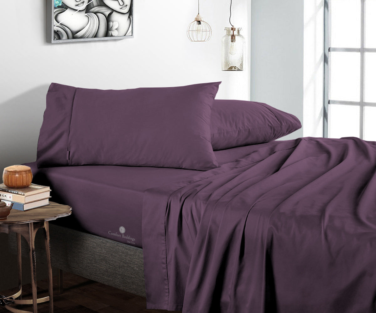 Plum Egyptian cotton bed sheet on a bed