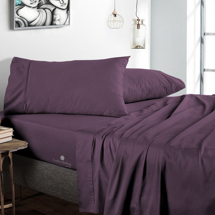 Plum Egyptian cotton bed sheet on a bed
