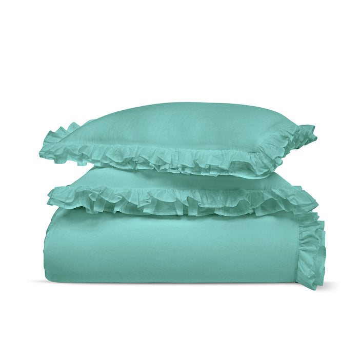 Aqua Green Trimmed Ruffled Duvet Cover