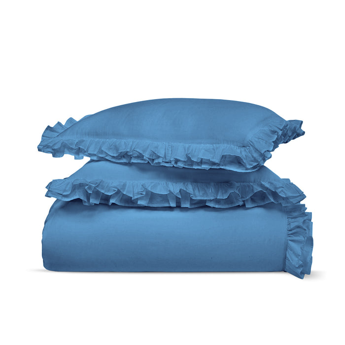 Mediterranean Blue Trimmed Ruffled Duvet Cover