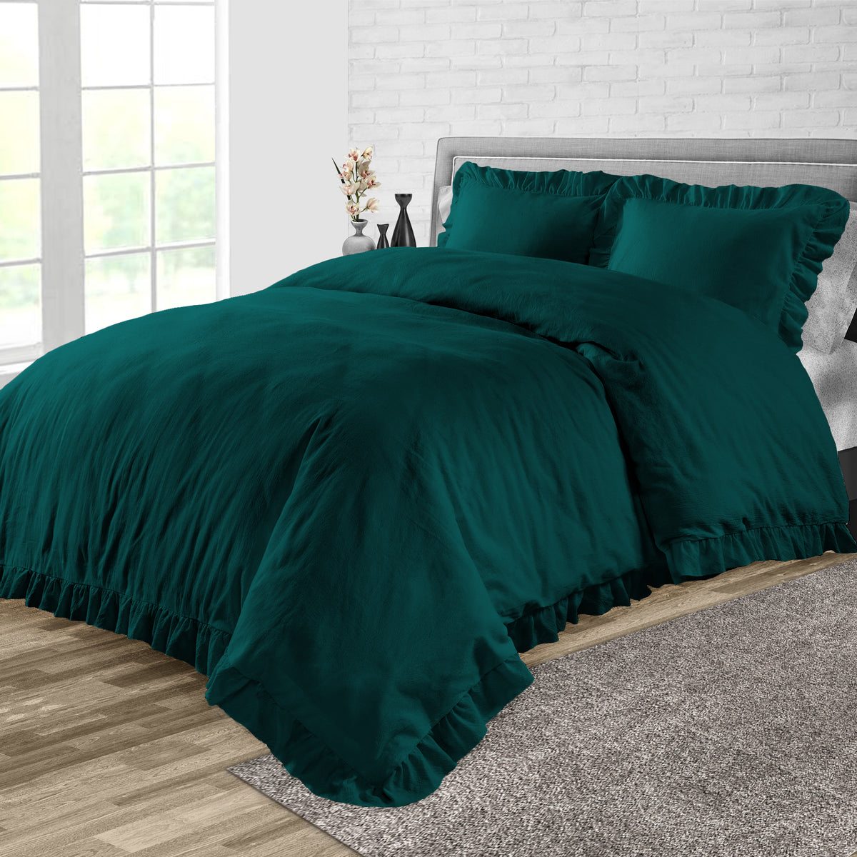 Teal Trimmed Ruffled Duvet Cover | Comfort Beddings